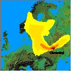 The integrated Cesium ground-level air concentration pattern four days after the beginning of the Chernobyl accident.
